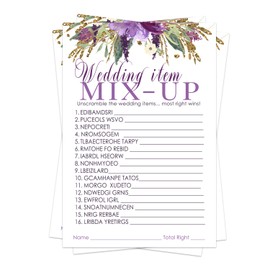 Purple Floral Bridal Shower Games (25 Pack) Word Scramble Cards – Unscramble the List Activity - Engagement Party - Rehearsal Dinner – Wedding - Ideas for Bride - Rustic Theme