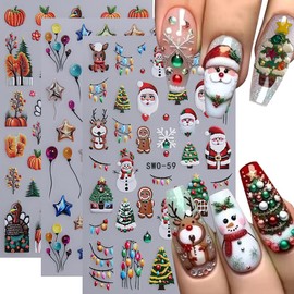 Christmas Nail Stickers, 3D Embossed Snowflake Nail Decals with Santa Claus Snowflake Deer Snowman Xmas Tree Rhinestone Winter Nail Art Design for Women Girls(3Sheets)