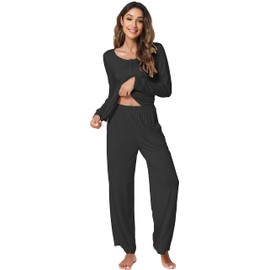 GYS Women's Pajamas Set - Viscose Made from Bamboo, Long Sleeve Long Pants Sleepwear Soft Pjs Lounge Sets with Pockets, B-black, Large