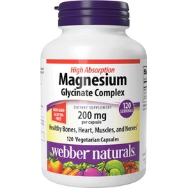 Webber Naturals Magnesium Glycinate Complex 200 mg, 120 Vegetarian Capsules, High Absorption Formula, Supports Bones, Heart, Muscles & Nerves, One-per-Day, Vegan, New Label!