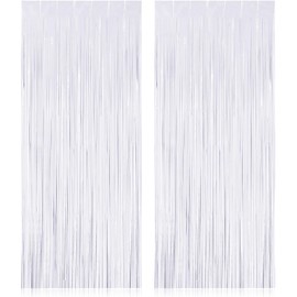 TOTAFAM 2 Pack Fringe Curtains Backdrops, Foil Fringe Curtains, Door Streamers for Birthday Wedding Bridal Shower Holiday Graduation Party Decorations, Photo Booth Backdrops White
