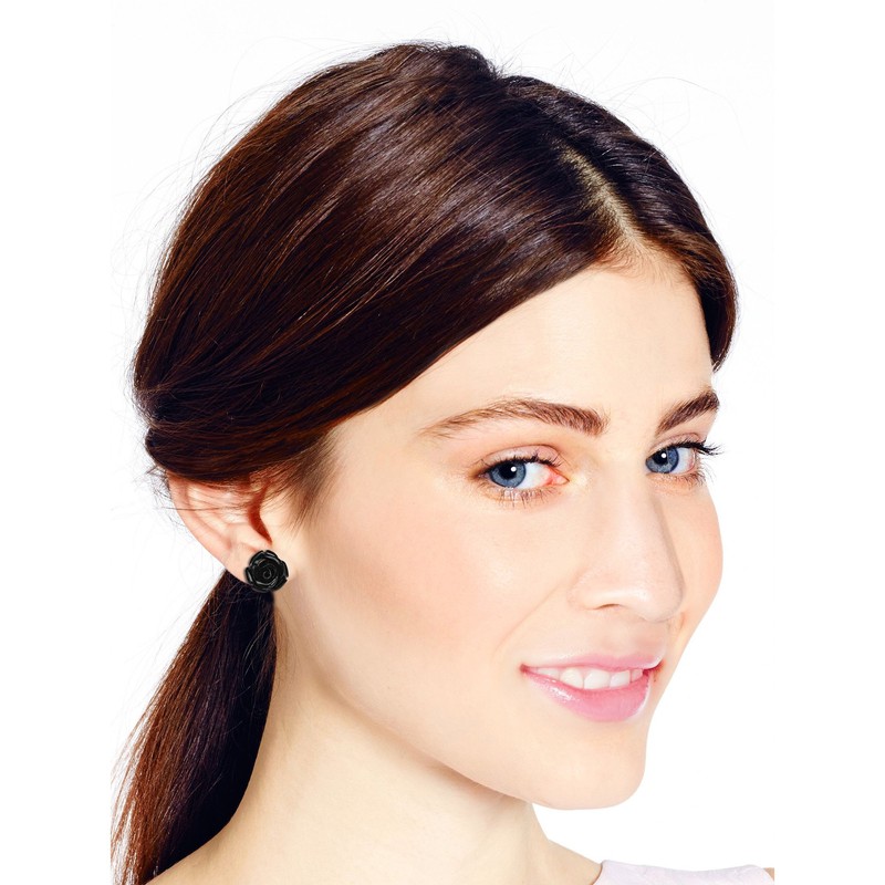 Pretty Blooming Carved Black Rose .925 Sterling Silver Stud Earrings