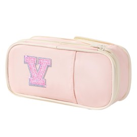 Preppy Pencil Case for School Supplies, Initial Large Pink Pencil Case Organizer with Zipper, Cute Pencil Bag Holder for Office, Ideal Birthday Gift for Kids,8,9,10 Years Old Girls, Adults--Pink V