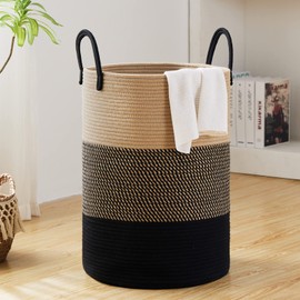 Fiona's magic 58L Large Woven Laundry Hamper, Tall Cotton Rope Laundry Basket, Boho Storage Basket for Blankets, Toys and Clothes Hamper for Bedroom and Living Room Organizing, Brown & Black