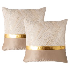 Home Luxe Premium Quality Comfortable Pillow Covers Cushion Covers with High End Embroidery for Couch Cushion Livingroom 17.7 x 17.7 inch (Pack of 2 pcs) (Beige Waves with Gold Stripe)