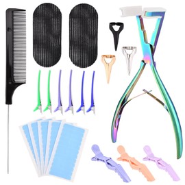 Trasylph Tape in Hair Extension Tools Kit,with Hair Extensions Sealing Clamp Plier,5 Sheets Hair Extension Tape,2 Black Hair Gripper Sticker,9 Clips,3 Hair Parting Ring,for Women Hair