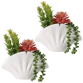 Lewondr Fake Plants, 2 PCS Artificial Plants with Sea Shell Pots, Assorted Fake Succulents in Coastal Beach Decor, Artificial Greenery Ocean Seashell Series for Home Office Bedroom Beach Theme Party