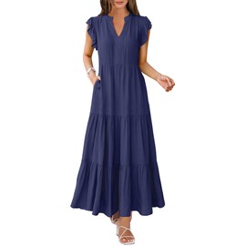 ANRABESS Womens Summer Casual Maxi Dress V Neck Ruffle Sleeve Long Dresses Fashion Flowy Tiered Boho Beach Vacation Sundress Navy Blue Small