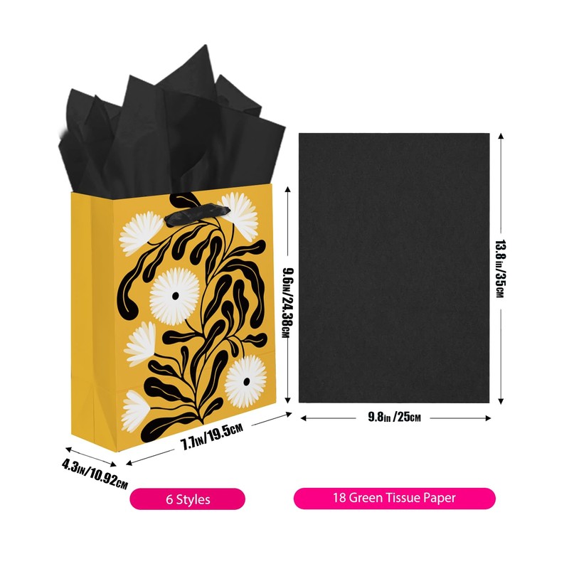 qiqee 7.9"x4.3"x9.6" 6PCS Blooming Flowers Paper Gift Bags with Tissue