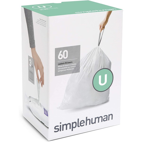 simplehuman Code U Custom Fit Drawstring Trash Bags, 60 Liners, White