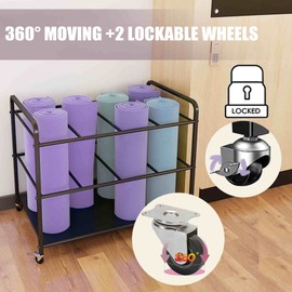 Yoga Mat Storage Rack Basket Workout Equipment Home Gym Storage Rack with Wheels Black Yoga Mat Holder Exercise & Fitness Organizer for Dumbbell Kettlebells Resistance Bands Yoga Blocks