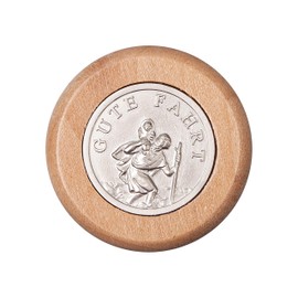 Fritz Cox Christopher with Wooden Edge and Text "Gute Fahrt" - Car Badge or Key Ring 3 cm, silver