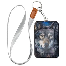 STAYTOP PU Leather ID Badge Holder Wallet,Cool Wolf Animal Badge Holder with Clear ID Window & Credit Card Slot and a Detachable Neck Lanyard for Offices, School, Driver Licence