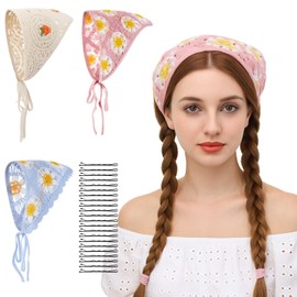 Ouligay 3PCS Crochet Headbands Cute Flowers Crochet Triangle Head Scarf Pink Daisy Knitted Headscarf for Women Girls Thin Thick Hair Curly Head Kerchief Styling Decor