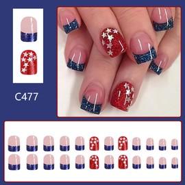 24Pcs 4th of July French Tip Press on Nails Short Square Independence Day Fake Nails Glue on Nails Full Cover American Flag Star Sequin Glitter Glossy Designs False Nails Stick on Nails for Women