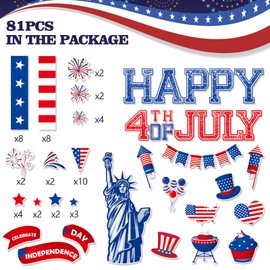 Konsait 4th of July Bulletin Board Decorations, 81Pcs Red Blue and White Patriotic Bulletin Board Decorations, Happy 4th of July Cutouts for Home Office Classroom Blackboard Wall Decoration