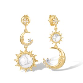 Santuzza 925 Sterling Silver Sun Moon Star Drop Earrings Cubic Zirconia White Magnesite Stud Earrings for Women