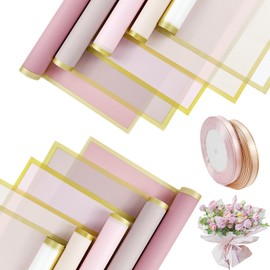 50 Sheets Floral Flower Wrapping Paper Pink Floral Bouquet Paper Waterproof Florist Packaging Paper and Chiffon Ribbon for Valentine's Day Mother's Day Father's Day Flower Wrapping Gift Packaging