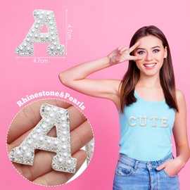 36 Pieces Iron on Letter A-Z 0-9 White Pearl Rhinestone Chenille Letter Patches Iron on Glitter Alphabet Number Bling Patches Decorative Repair Patches for Fabric Shirts Crafts Clothing DIY Decor