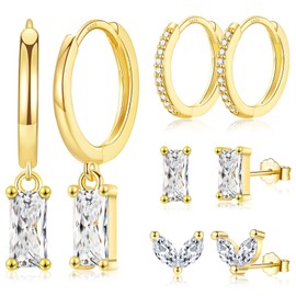 LANGLY Gold Hoop Earrings Set for Women, 4 Pairs 14K Gold Plated Hypoallergenic Cartilage Huggie Hoops Cubic Zirconia Studs Dangle Earrings Sets for Multiple Piercings