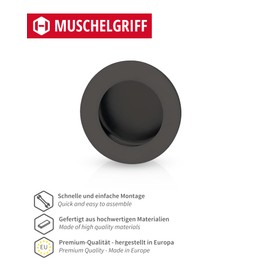 Gedotec Sliding Door Handle Shell Handle Recessed Lady Black 1 Piece Handle Shell Sliding Door Black Matt Handle Bowl Round Diameter 50 mm Sliding Door Fitting for Inlet Furniture Handle Recessed