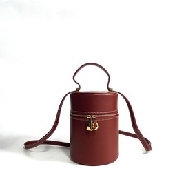 Designer Brand Style Genuine Leather Women Bucket Handbag Barrel-shaped Crossbody Bag - Color: dark red