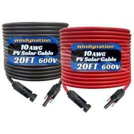 WindyNation 10 Gauge 10 AWG Pair 20 Feet Black + 20 Feet Red PV Photovoltaic Solar Panel Extension Cable Wire Solar Connectors