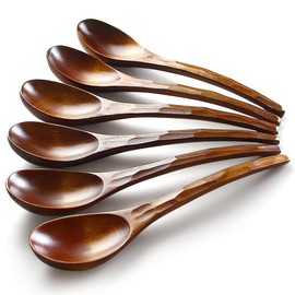 AOOSY Wooden Soup Spoons, 6 Pieces 7.84 inches Japanese Ramen Spoons Round Nanmu Wood Long Handle Kids Rice Dessert Cooking Tasting Dinner Table Spoon for Kitchen Restaurant