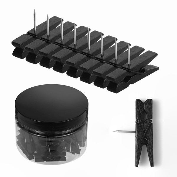 50 PCS Black Push Pin with Wooden Clips Durable Wooden