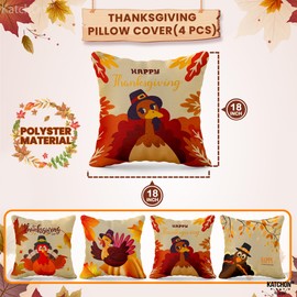 KatchOn, Happy Thanksgiving Pillow Covers 18x18 Inch - Set of 4 | Thanksgiving Throw Pillow Covers | Thanksgiving Turkey Pillow Covers | Fall Decor Pillow Covers | Thanksgiving Decorations for Home