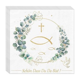 Pack of 20 Napkins Christening Napkins Communion Schön Dass Du Da Bist Confirmation Eucalyptus Decoration Boy Girl Fish Green Napkin Vintage Disposable White Napkin Table Decoration for Birthday