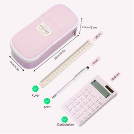 Tanou Pencil Case with Large Capacity, 3 Compartments Pencil Case Aesthetic for School, Durable Stationery Bag for Girls and Teenagers, pink, pencil case