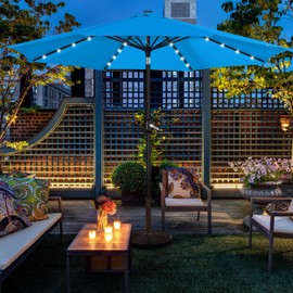 Yaheetech 11FT Solar Powered Umbrella Outdoor Patio Umbrella with 32 LED Lights and 8 Ribs - UV Protection Table Umbrella for Pool, Deck, Yard, Sky Blue