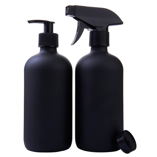 Focus Nutrition Black Coated Glass Boston Round Bottles with Flat Caps, Soap Dispenser Pump and Spray Mister Nozzle - Set of 2 16 Ounce Jars