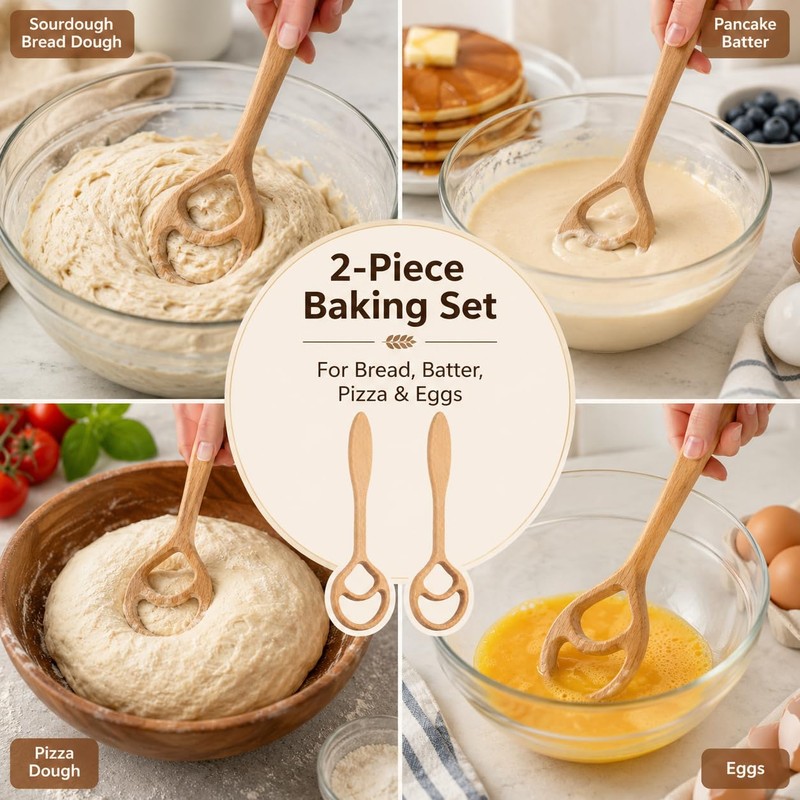 2 Pcs Wooden Danish Dough Whisks for Sourdough Bread, 12.6
