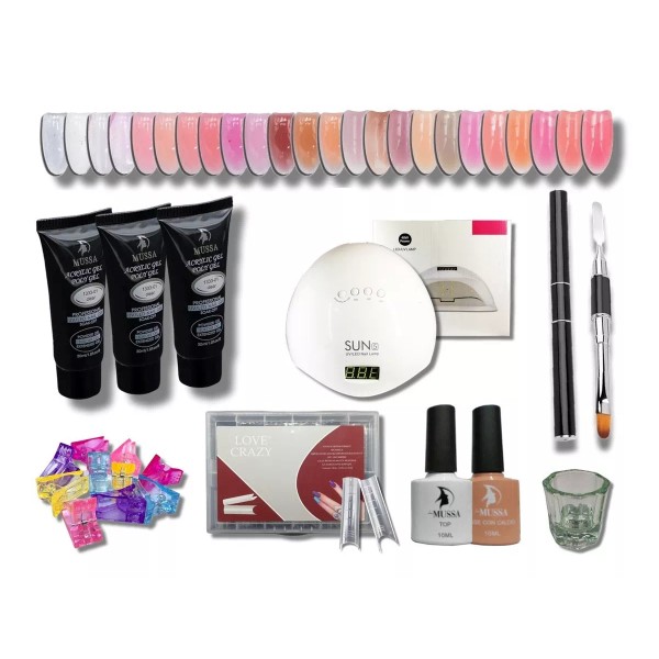 Mussa Kit Polygel 3pz+pincel+tip Dual+pinzas+base+top+lampara Sun5