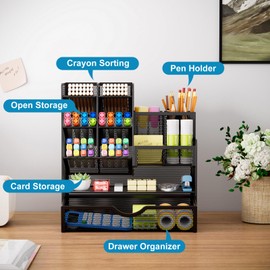 Marbrasse Pen Holder for Desk, Desk Organize with Drawer, Desk Organizers and Accessories for Office Art Supplies (Black)