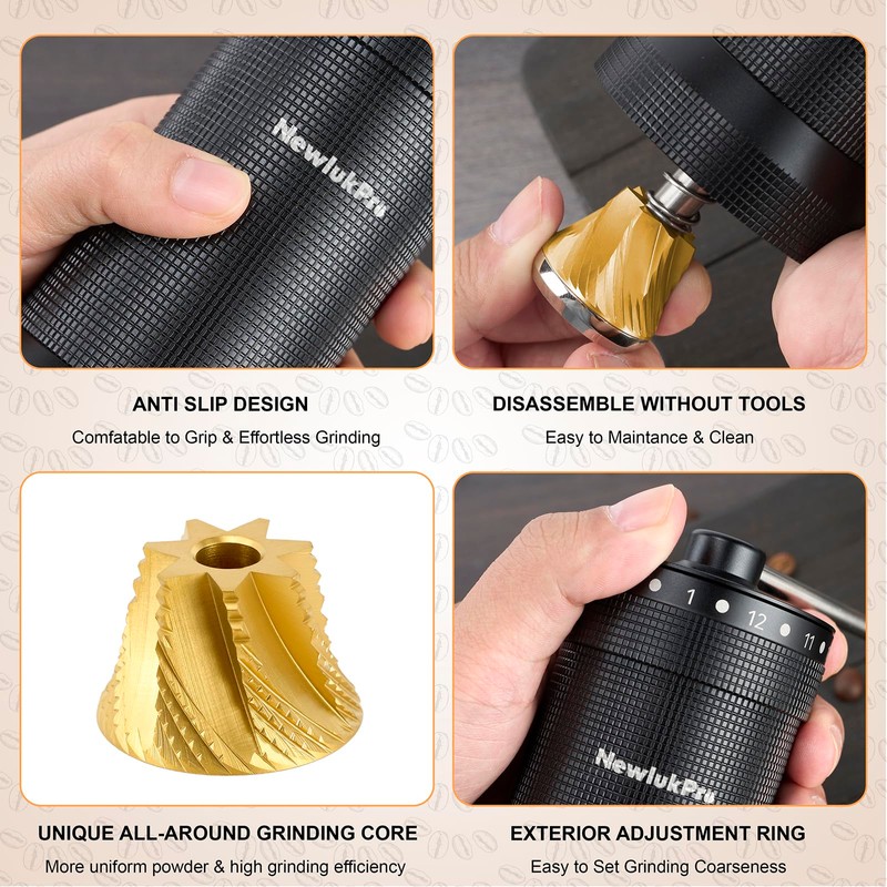 NewlukPro M7 Pro Manual Coffee Grinder,Titanium Coating Conical Burr,Hand Coffee