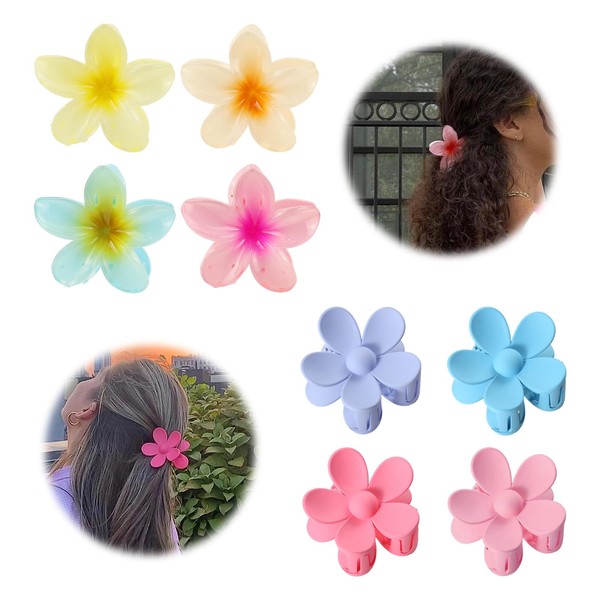GIGIIS Hair Clips Flowers Colourful Pack of 8 Clips Hair Flower Large Plastic Hair Clips Women for Thick Hair Flower Hair Claw Clips Perfect for Summer Beach (4 Hawaii + 4 Mats)