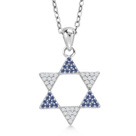 Gem Stone King 925 Sterling Silver Blue Created Sapphire and White Moissanite Star Of David Pendant Necklace For Women (0.42 Cttw, 15x15MM, 18 Inch Chain)