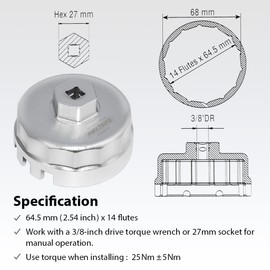FIRSTINFO F3545A Forged Oil Filter Wrench 64.5mm 14 flutes for Toyota/Lexus with 1.8L 4-Cylinder Engine(Camry, Corolla, Prius, RAV4 and More)
