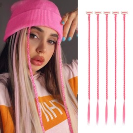 Braid Hair Extensions, 5 PCS Baby Braids Front Side Bang Curtain Bang Clip in Hair Extensions Long Braided Hair Piece Natural Soft Synthetic Hair for Women Daily Wear (22 Inch-Braided, Ash-Pink)