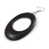 Open Cut Oval Wooden Hoop Earrings in Black - 80mm