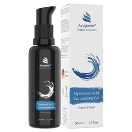 Ayugreen organic hyaluronic acid serum, highly concentrated 50 ml, vegan, anti-ageing serum gel with aloe vera against wrinkle on the face, neck, cleavage, natural cosmetics, made in Germany.