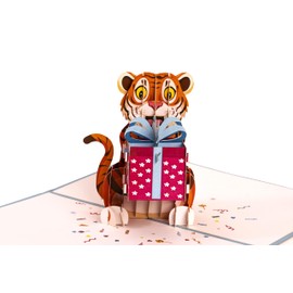 iGifts And Cards Tiger Surprise Blue Cover Birthday Blast - Cheerful 3D Pop-Up Card - 5"x7" - Jungle Theme Celebration for Kids & Adults, Adventurous Greeting for Bday Wonders
