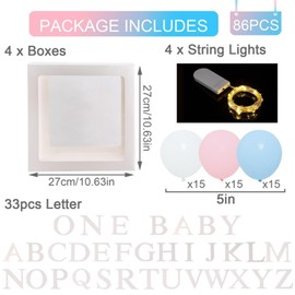 Patimate Baby Shower Decorations BABY Balloon Boxes with 4pcs String Lights, 45 Pink Blue White Balloons and 33 Letters (ONE+BABY+A-Z), Baby Boxes for Boys Girls Baby Shower Gender Reveal Birthday Party Dcor
