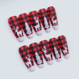 24 Pcs Christmas Press on Nails Long Coffin Buffalo Plaid Fake Nails with Full Cover Acrylic Nails With Design Elk Christmas Tree Design Stick On Nails Xmas False Nails for Women Girls