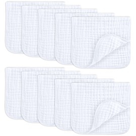 Comfy Cubs Muslin Burp Cloths 20" x 10", Pack of 10 - Large, 6-Layer, Ultra Absorbent 100% Cotton for Baby Drool and Messes - Soft, Safe & Gentle Baby Burp Cloths for Boys & Girls - White