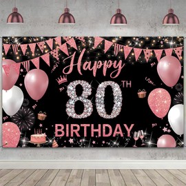 Couryxqq Happy Birthday Banner, 80th Birthday Decorations Backdrop, Extra Large Black Pink Party Decorations, Perfect Birthday Party Supplies Photography Background for Men, and Women, 180x110cm