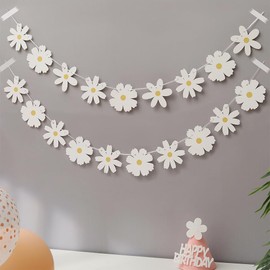 2 Packs White Daisy Banner Birthday Children's Birthday Decoration Unique Flower Daisy Garland Paper Garland Flowers Daisy Decoration Retro Boho Flower Birthday Banner Party Decoration
